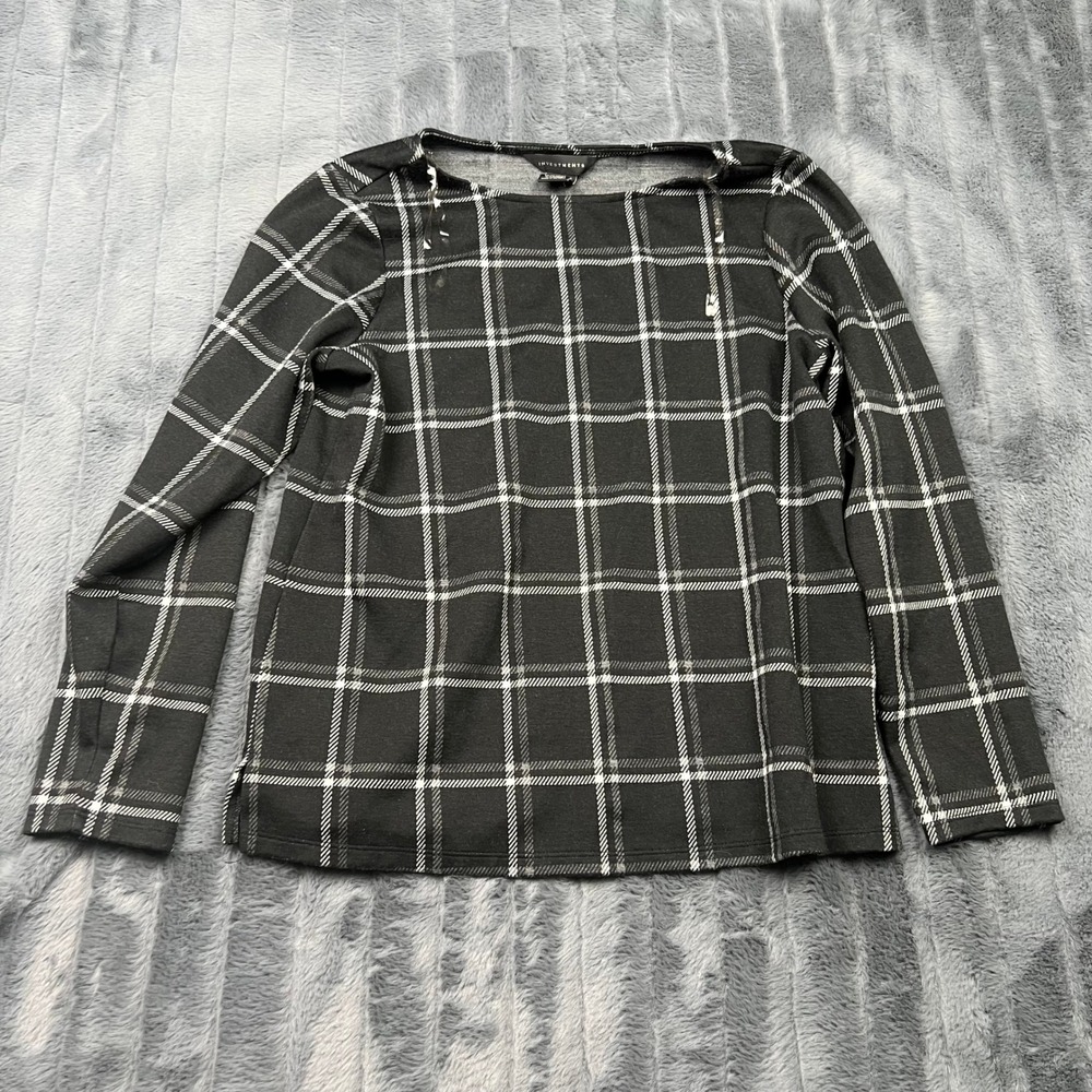 Investments Womens Small Black White Plaid Boat Neck Long Sleeve Blouse Top